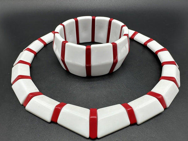 Vintage Lucite White and Red Necklace 19”  & Bracelet 8” Set