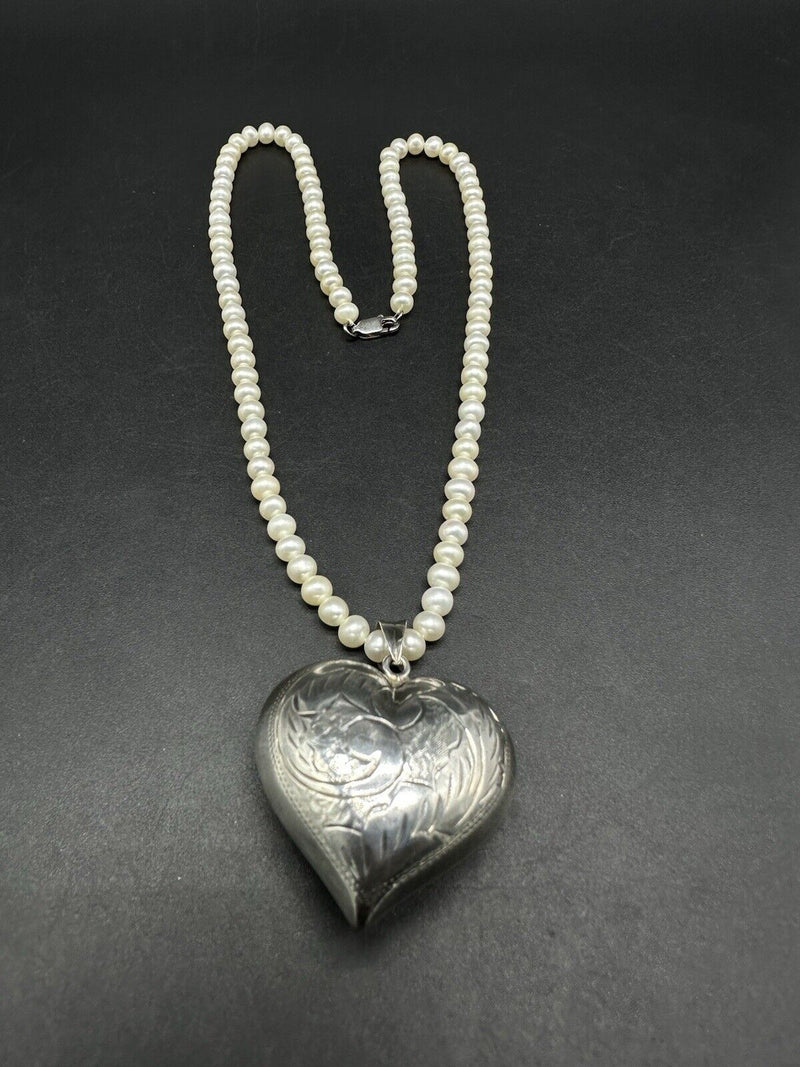 Sterling Silver Genuine Freshwater Pearl Necklace 3D Heart 18” Sterling Pendant