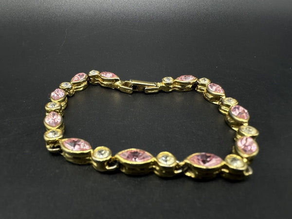 Vtge Gold Tone GALBANI Tennis Bracelet w/ Pink & Clear Rhinestones Preowned 7"