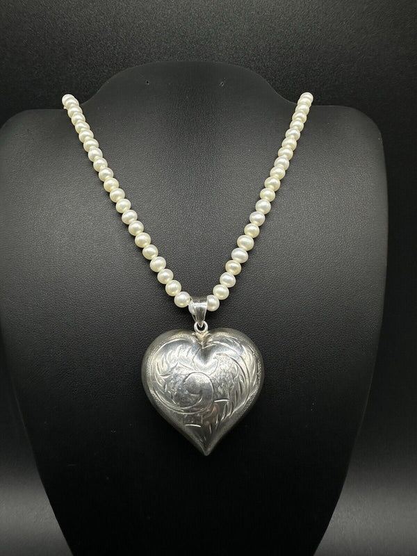 Sterling Silver Genuine Freshwater Pearl Necklace 3D Heart 18” Sterling Pendant