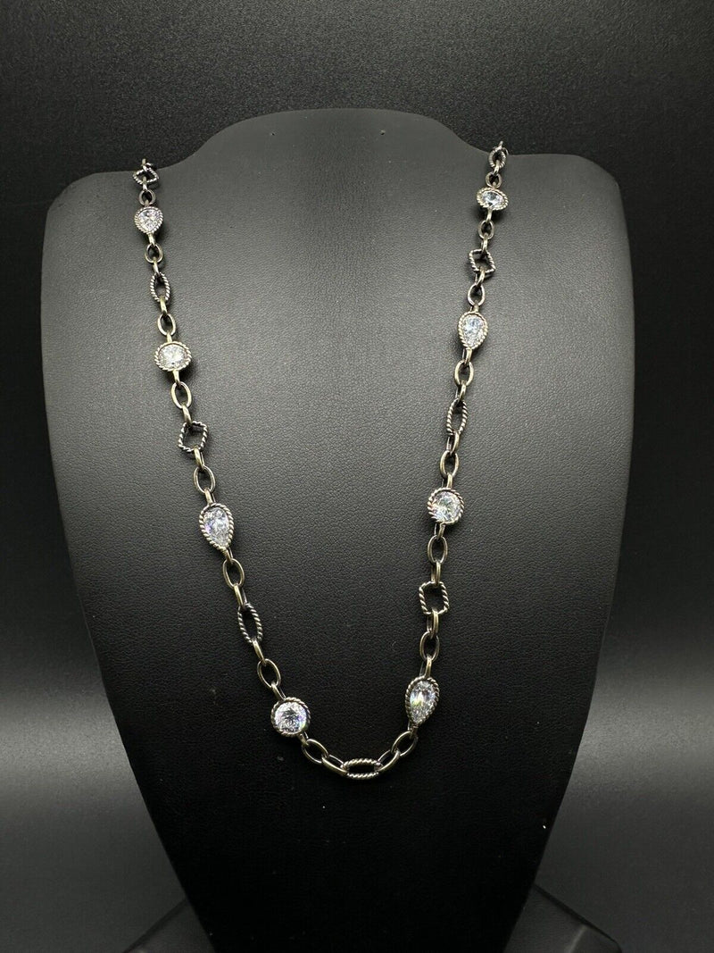 Black Gold Wash Sterling Silver Cubic Zirconia Bezel Link Necklace 36” 32Gs