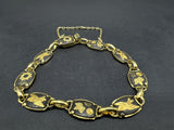 Damascene Bracelet Birds and Flowers gold tone and black enamel safety chain 7”