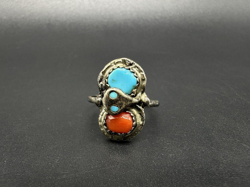 Navajo Turquoise Coral Sterling Silver Effie Zuni Ring Sz7.25