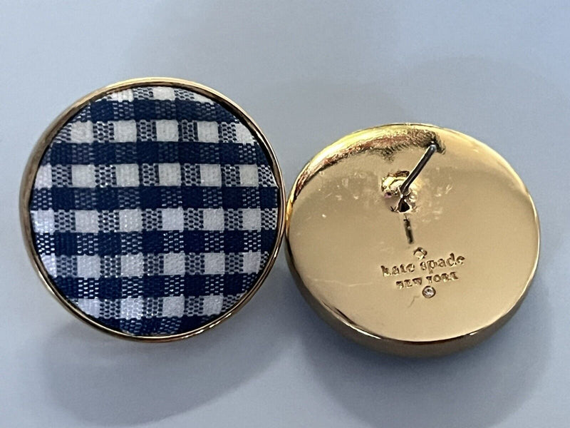 Kate Spade Set Sail Button Earrings  Fabric Checked Gold Tone Blue