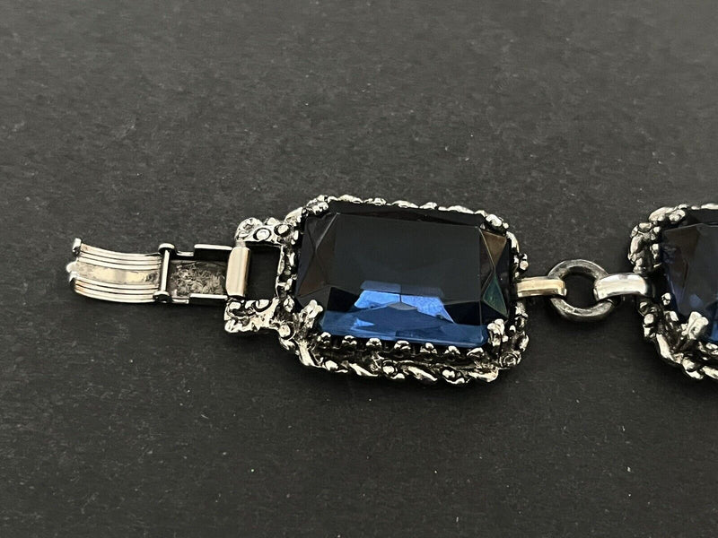 Vintage Blue Glass Stone Link  Panels Rectangle Bracelet 7.5”