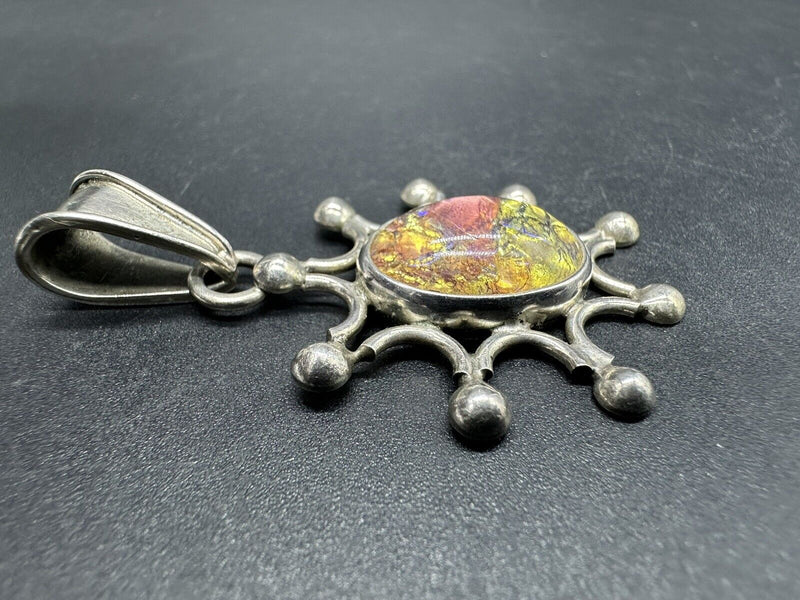 Vintage Sterling Silver Mexico Taxco Dragons Breath Glass Pendant 2"