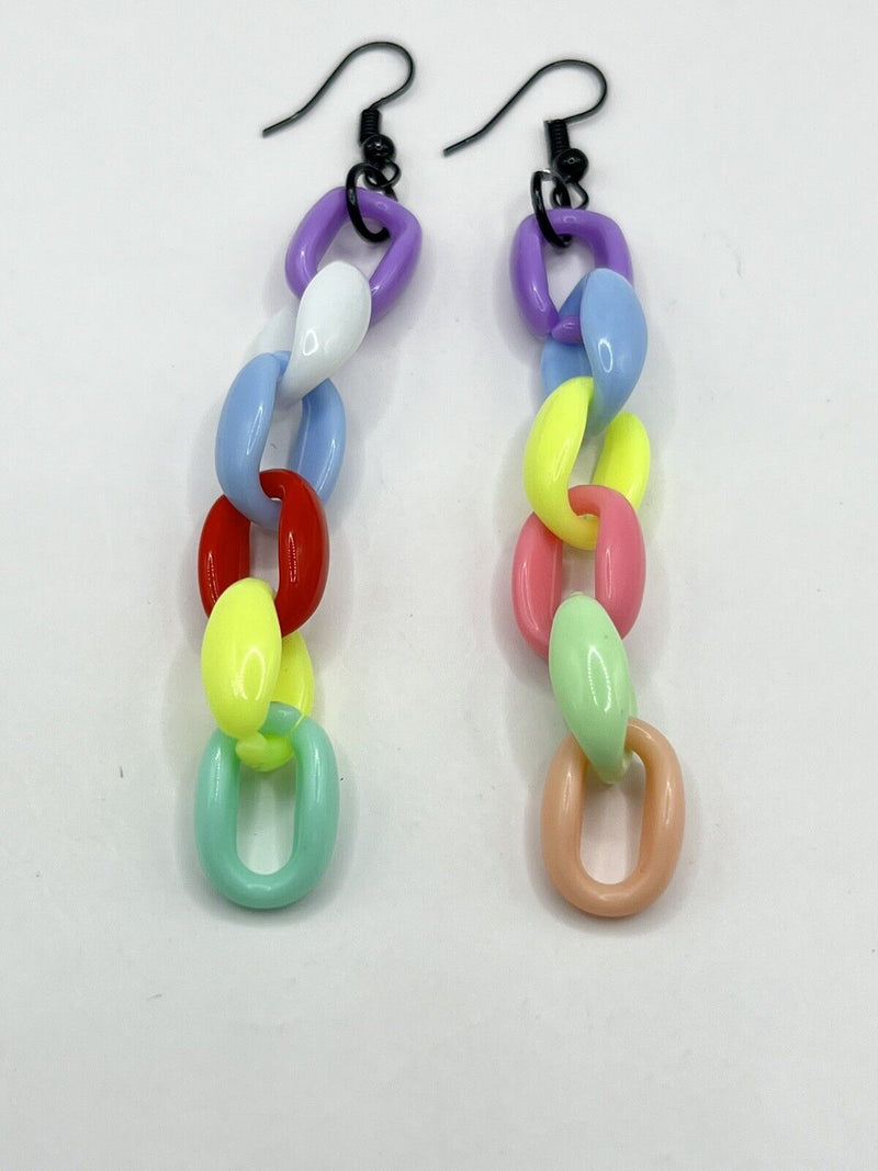 Fun Acrylic Bright Crazy Mix Link Chain Dangle Earrings 3.5”