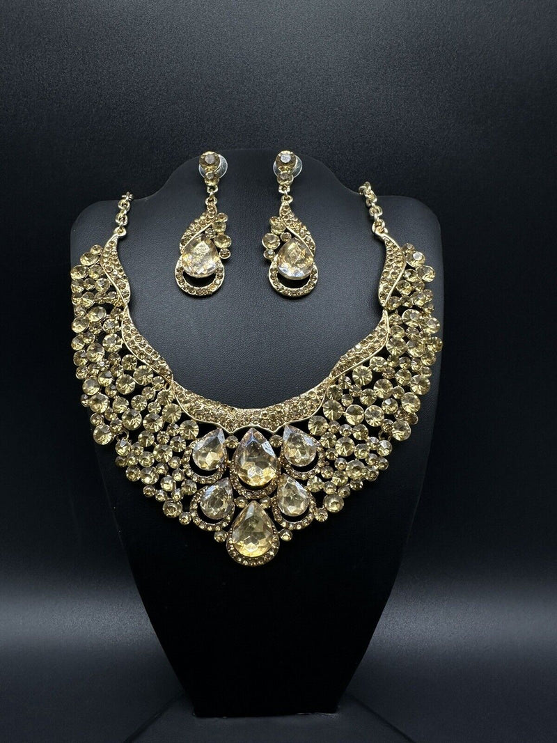 Vintage Statement Bridal Wedding Party Crystal Necklace Earrings Jewelry Set 17”