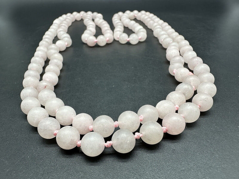 Natural Pink Rose Quartz Round Knotted Beads Necklace 56” Long