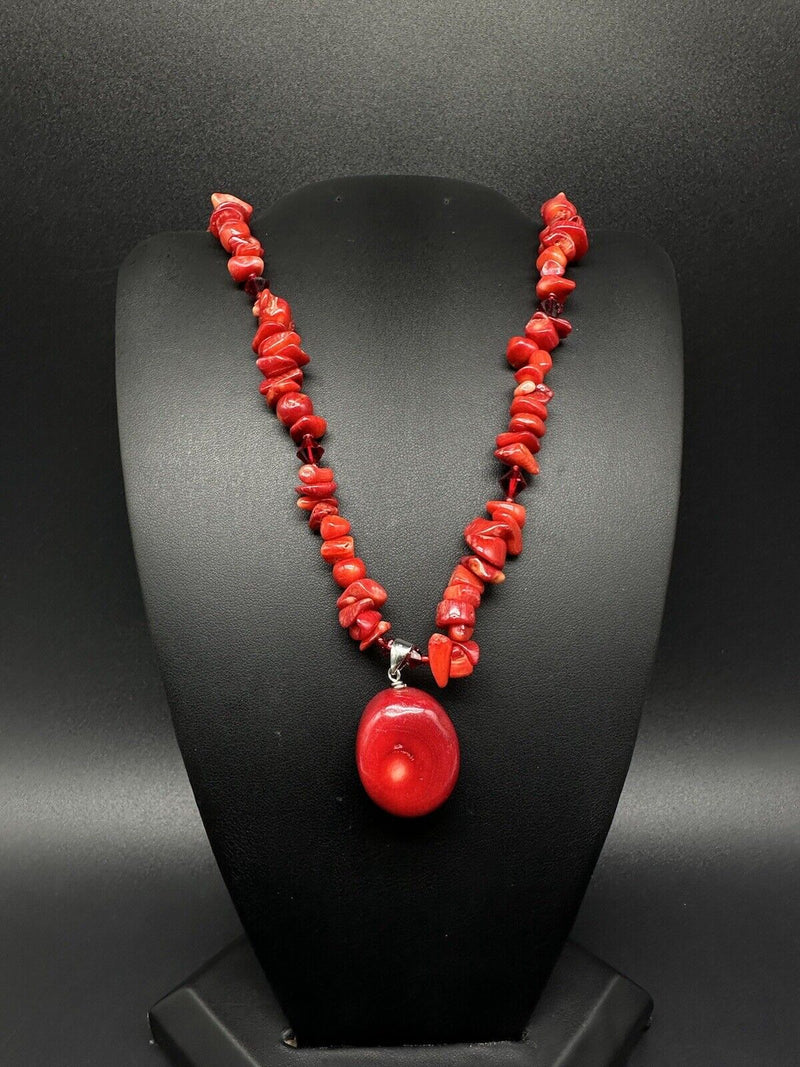 Red Coral statement necklace /Silver Pendant Necklace 19”