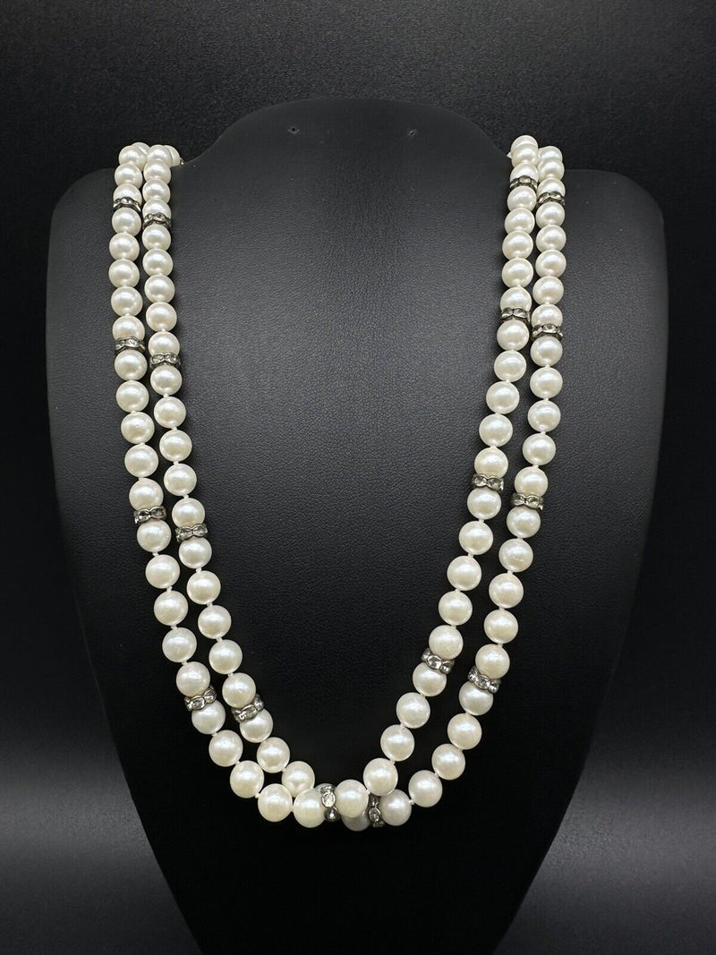 Vtg Double Strand Imitation Pearl Necklace Estate Jewelry Crystal Spacers 18”