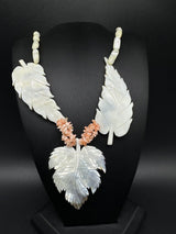 Mother of Pearl Angel Skin Coral Carved Leaves Bead Necklace 24” Long