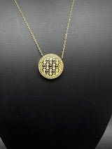 Michael Kors Monogram MOTHER OF PEARL Gold Tone Necklace & Disc Pendant 16-18”