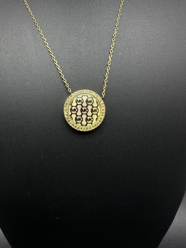 Michael Kors Monogram MOTHER OF PEARL Gold Tone Necklace & Disc Pendant 16-18”