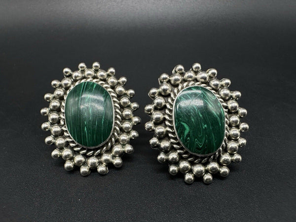 Mexico Taxco 925 STERLING SILVER Malachite Stone ClipOn EARRINGS