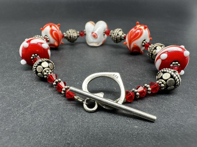 VINTAGE LAMPWORK GLASS BEAD Sterling Silver BRACELET 6.5”
