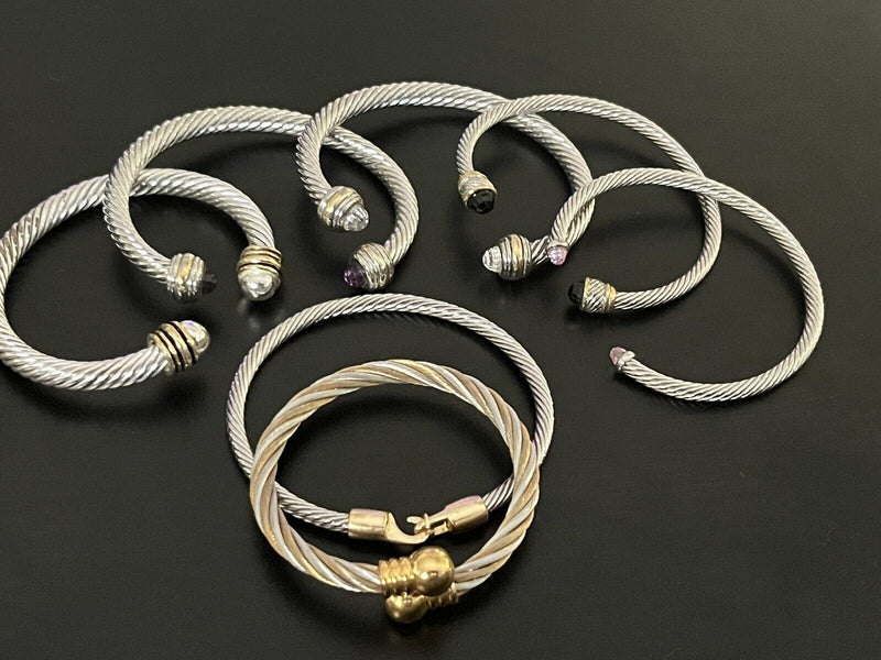 Costume Jewelry Lot Of 7 Silver-tone Cable Bangle Bracelet Crystal