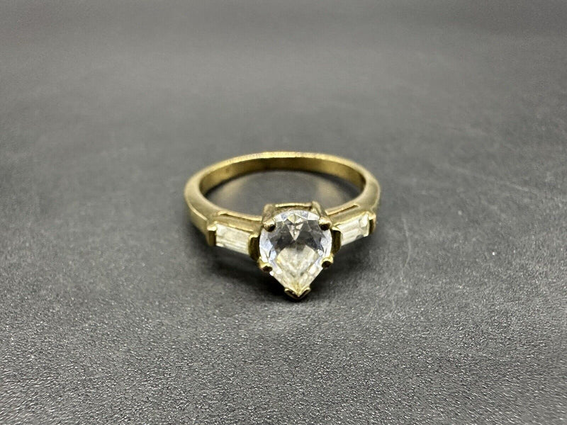 Pear Cut Cubic Zirconia Ring Baguettes Yellow Gold Over 925 Size 7