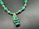 Vintage Carved Malachite Aztec? Sterling Silver Gemstone Bead Necklace 59g 20”