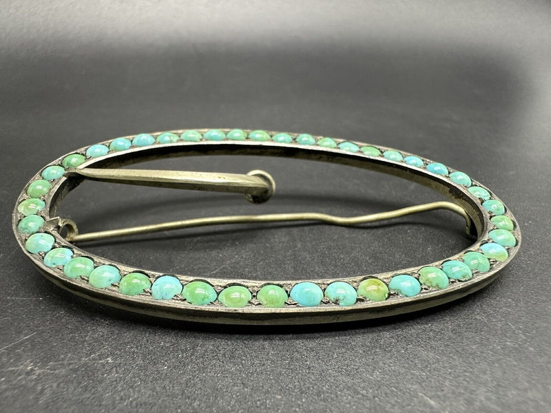 Vintage Ethnic Silver Tone Turquoise Oval Brooch