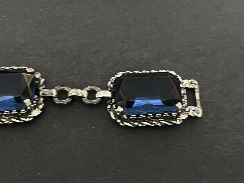 Vintage Blue Glass Stone Link  Panels Rectangle Bracelet 7.5”