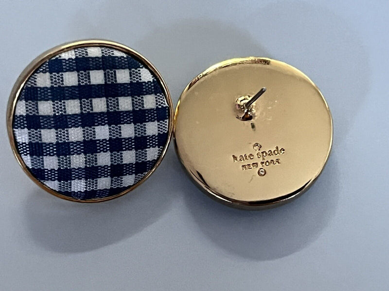 Kate Spade Set Sail Button Earrings  Fabric Checked Gold Tone Blue