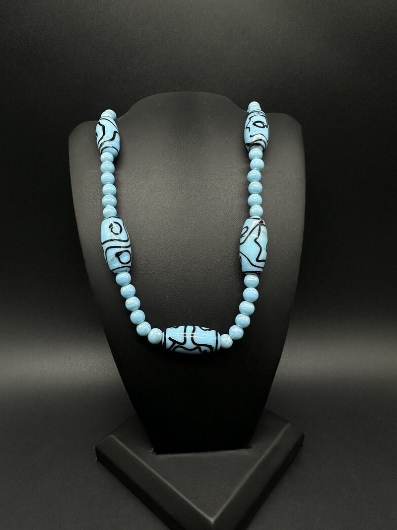 Vintage Blue Lampwork Glass Beaded Necklace 21”