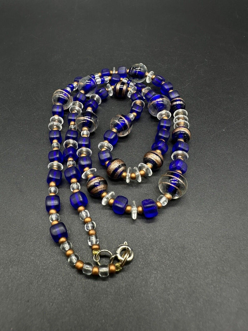 Blue Art Glass Smooth Beads Necklace 25”