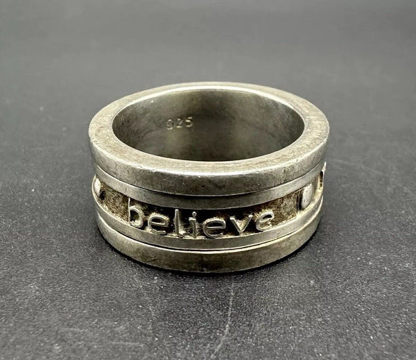 Vintage silver sterling 925 rotating spinning ring with believe, size: 7