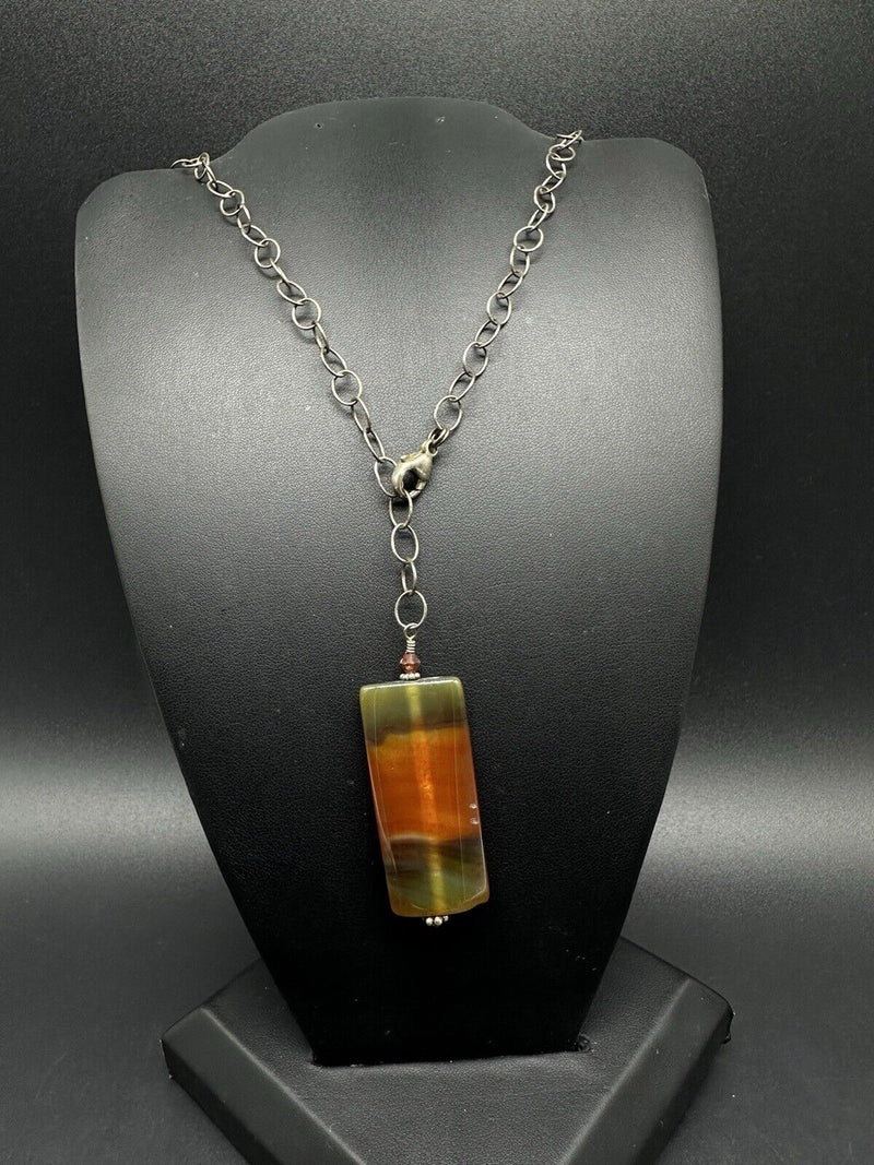 Agate Pendant Sterling Silver Necklace 18” Long