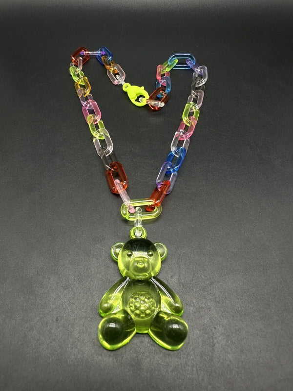 Acrylic Cable Link Chain Crystal Lime Green Bear Pendant Necklace 18” Long