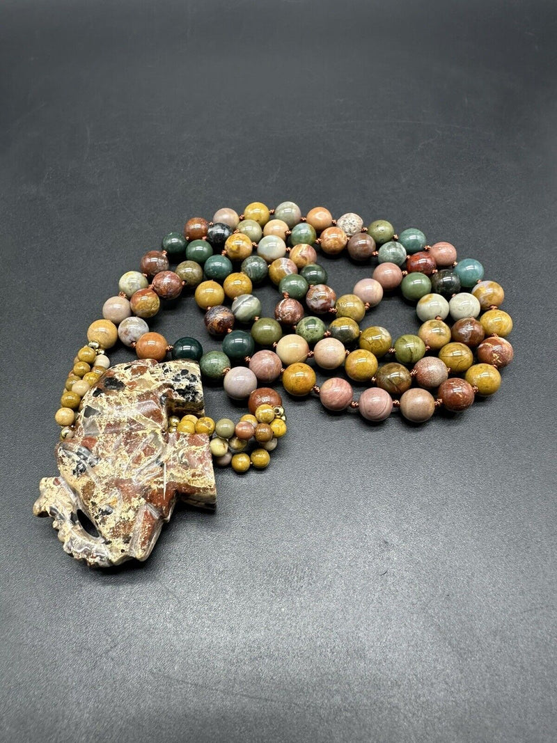 Elephant Pendant Multi Color Round Beads Agate 28” Long Necklace