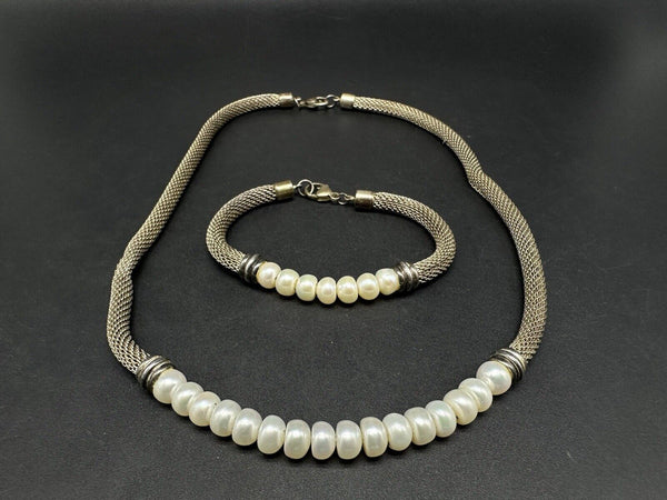 Sterling Silver Mesh & Freshwater Pearl Necklace 18” & Bracelet Set
