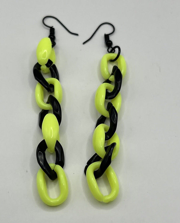 Fun Acrylic Bright Neon Black Link Chain Dangle Earrings 3.5”