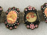 Antique Victorian Porcelain Rhinestone Floral Link Panel Bracelet 7.5”~Highend~