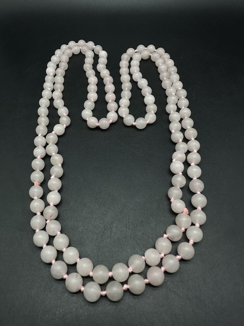 Natural Pink Rose Quartz Round Knotted Beads Necklace 56” Long