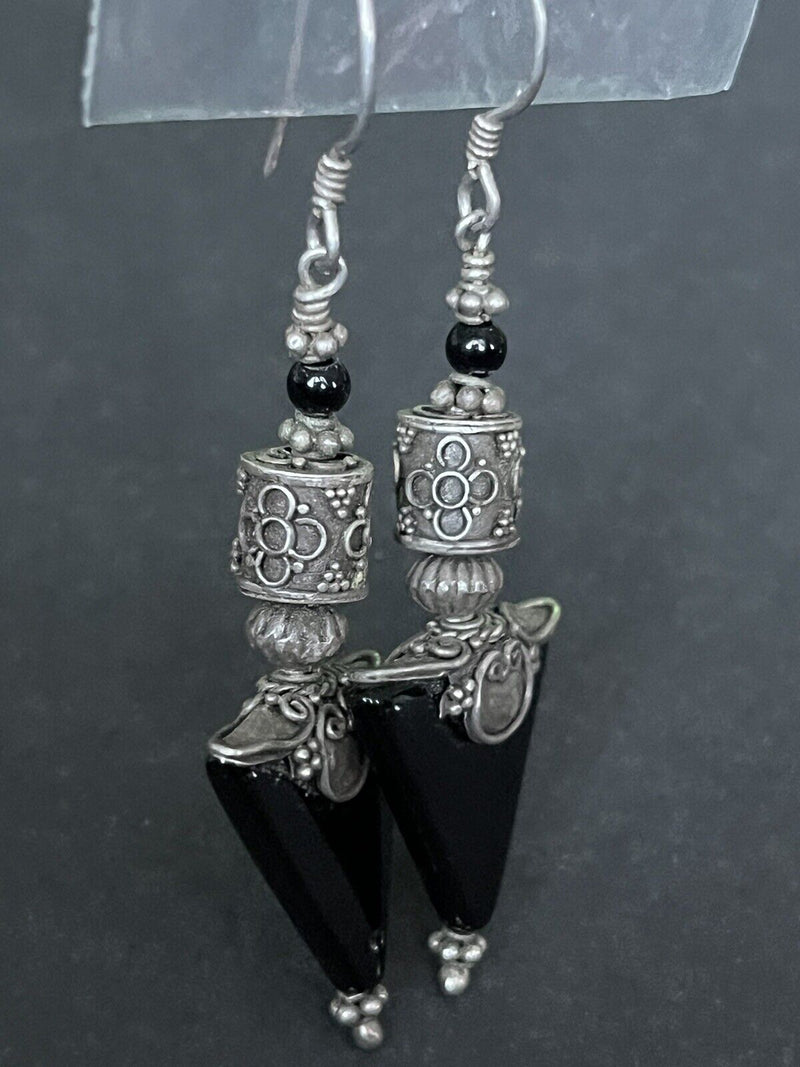 Vintage Sterling Silver Black Tourmaline Dangling Drop Earrings 2.5”