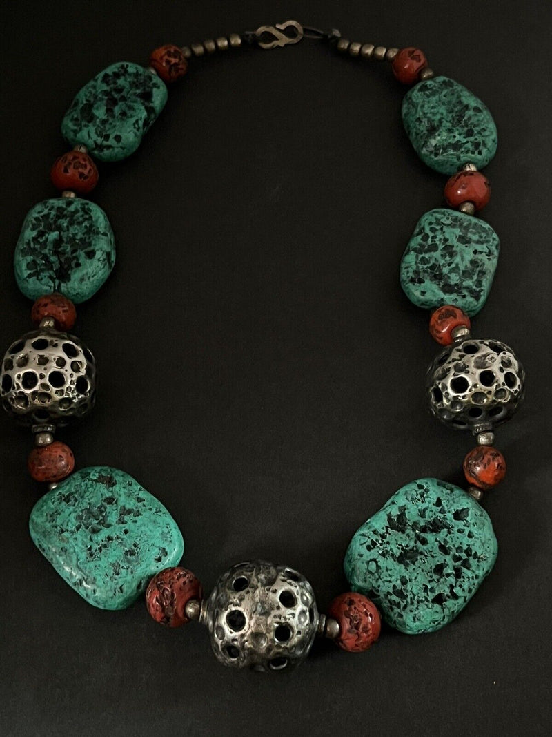 Tibetan Silver Coral/Turquoise Large Bead Necklace  (Heavy)