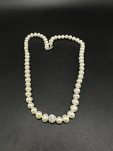 Sterling Silver Genuine Pearl Rhinestone Crystal Ball Necklace 18”