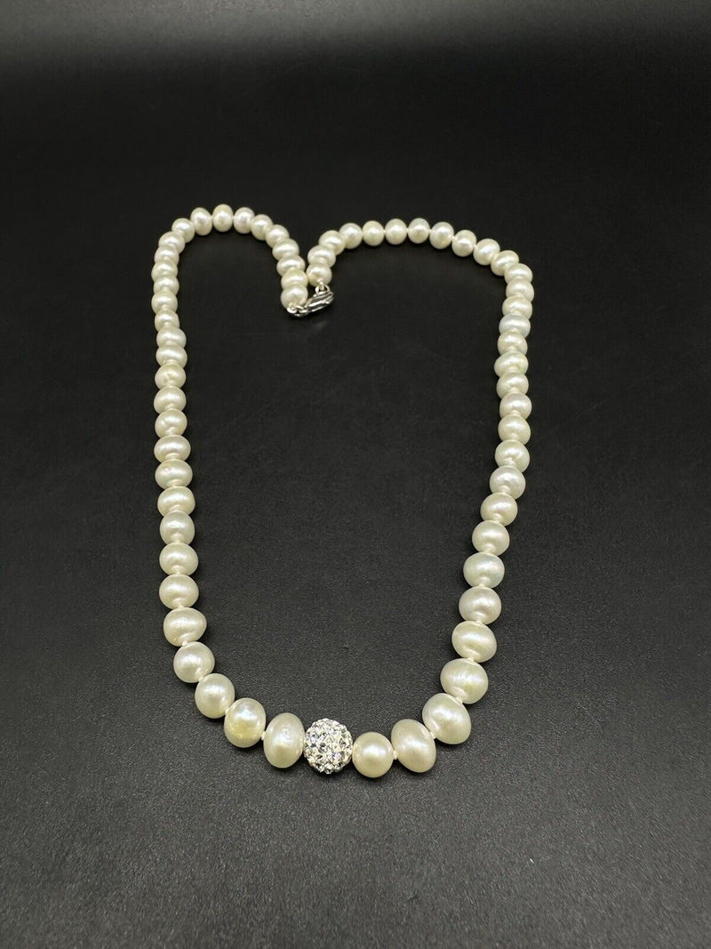 Sterling Silver Genuine Pearl Rhinestone Crystal Ball Necklace 18”