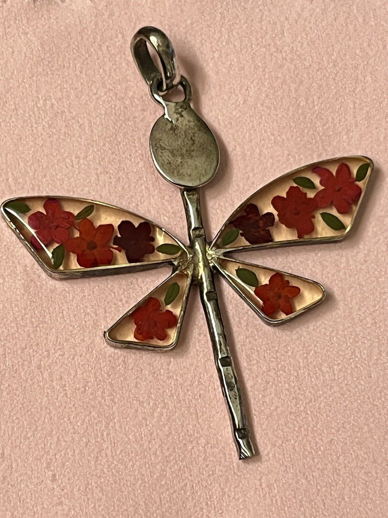 925 Sterling Silver Floral Flower Inlay Dragonfly Pendant 2.25”