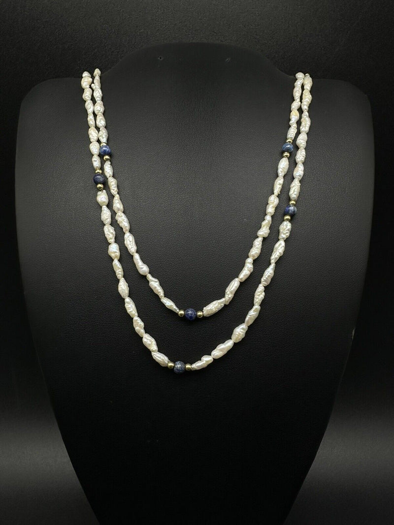 Vintage RicePearl Lapis Lazuli Necklace 34”