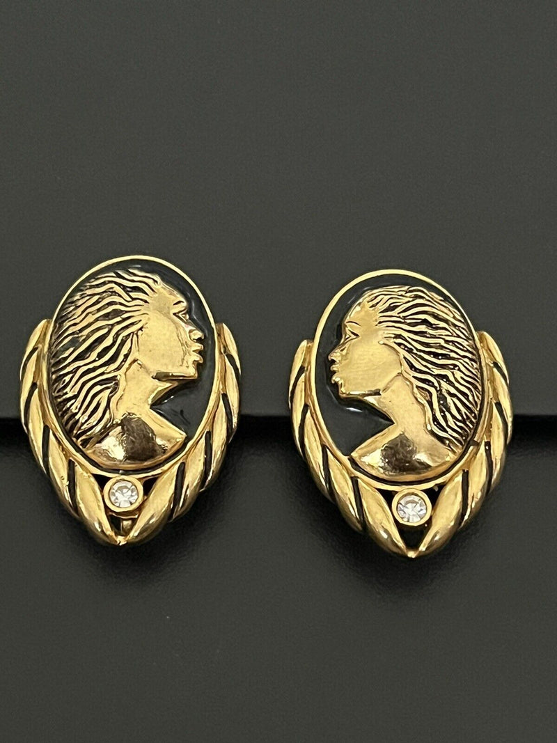 Signed Coreen Simpson Cameo Clipon Black Gold Tone Earrings