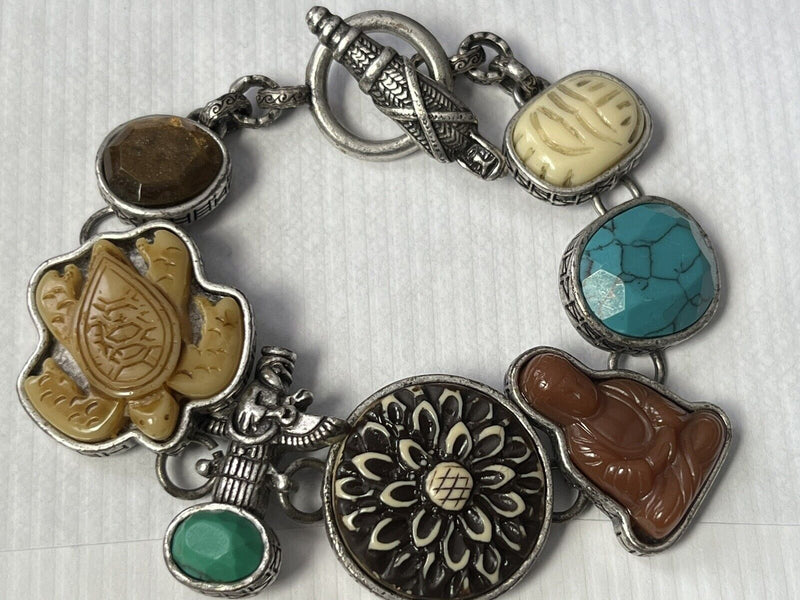 Vintage Carved Stone Link Bracelet w/Buddha Flower, Scarab, Turtle, Kachina 7”