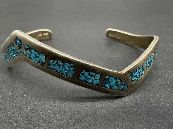 Mexico Taxco Turquoise Sterling Silver Inlaid Pointed Cuff Bracelet 6.25”