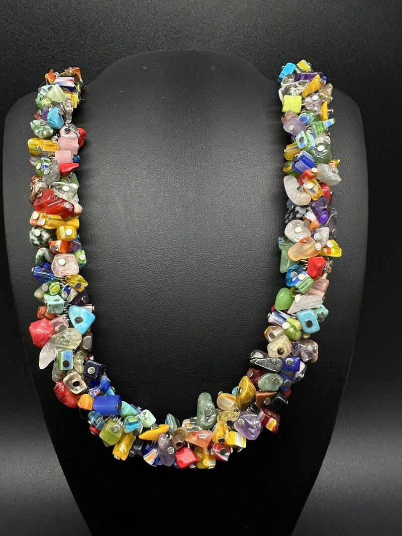 Beaded Multicolored Artsy Cluster Necklace 22” Adj