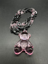 Acrylic Cable Link Chain Crystal Bear Pendant Necklace   18” Long Black & Pink