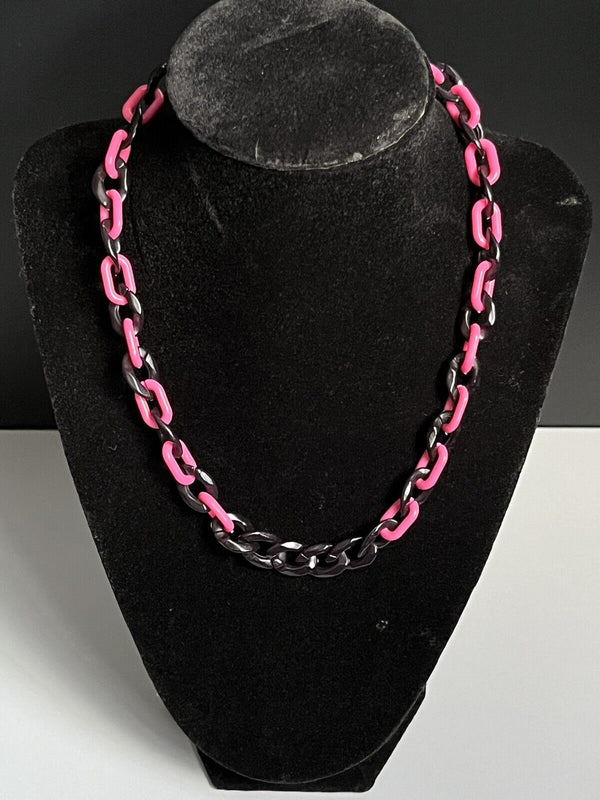 Pink Black Acrylic Resin Plastic Curb Statement Choker Cable Link Necklace 15”