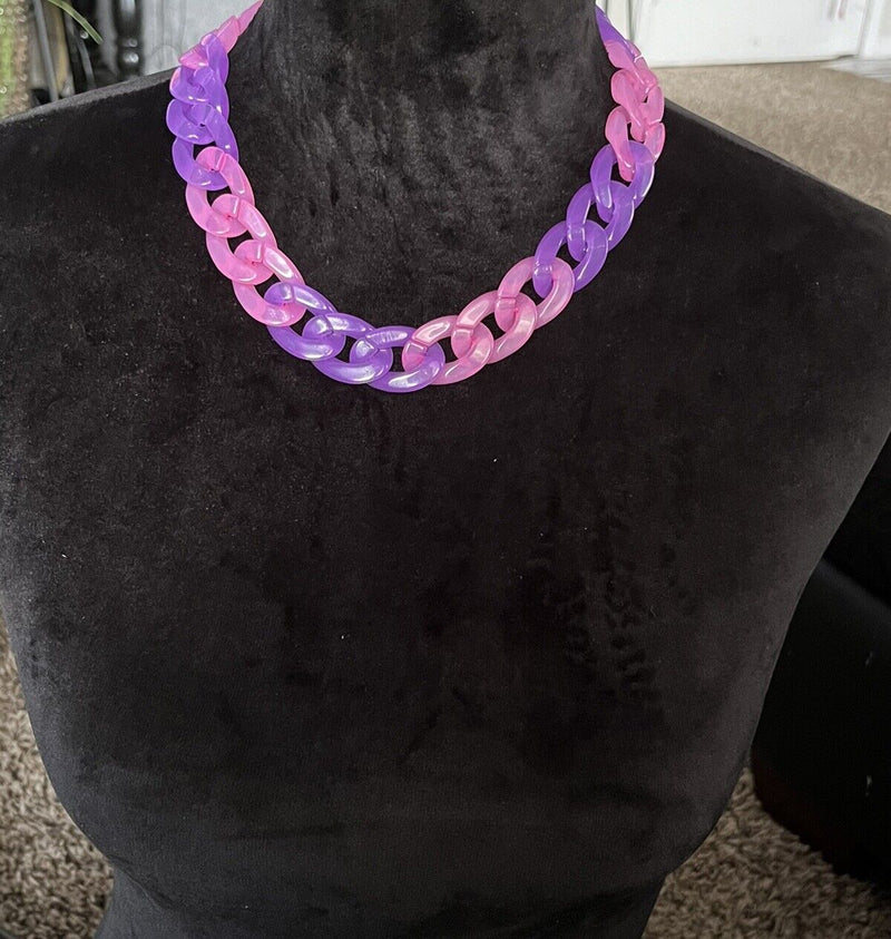 Acrylic Curb Link Necklace Pink and Purple 20”