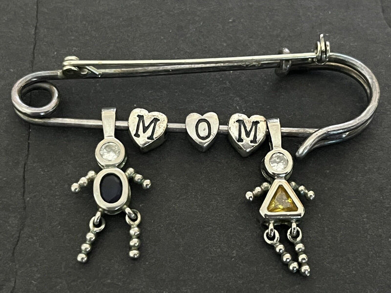 Vintage Large Sterling Silver Mom Charm Brooch~925 Safety Pin Dangle Kids Charms